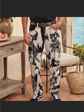 rebels Black and White Skeleton Print Cargo Pants